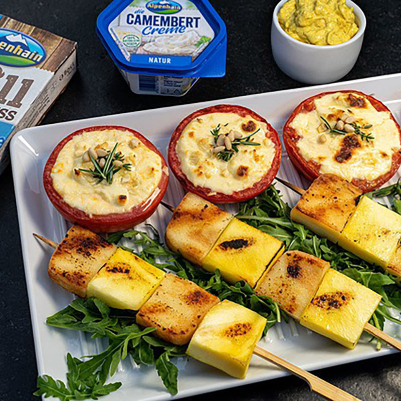 Grill Käsegenuss-Mango-Spieße & Tomaten mit Camembert Creme